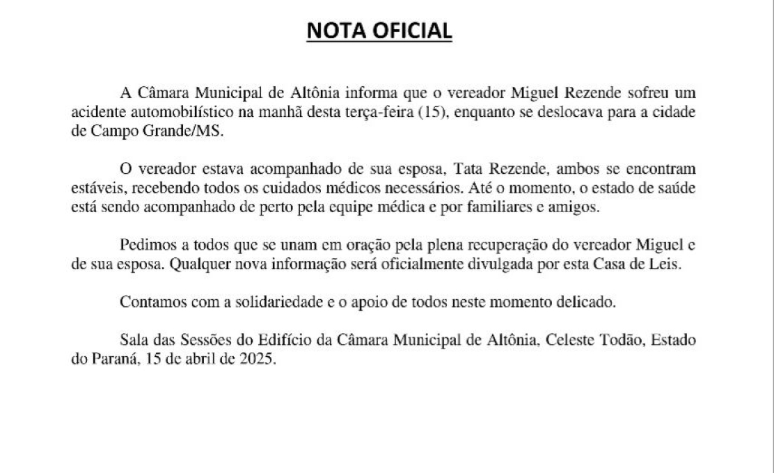 Nota Oficial sobre o Quadro Clínico do Vereador Miguel Rezende